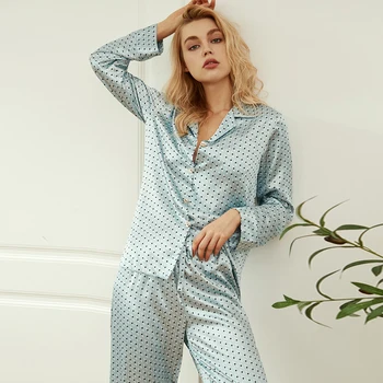 2020 Kvinder er Forår Sommer Pyjamas Sæt Silke prikkede Løs Kvindelige Nattøj Turn Down Krave Lange Ærmer Enkelt Breasted Pijama