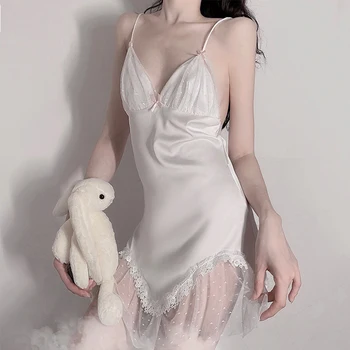 Nye Efterligne Silke Sexet Natkjole fransk Hofteholder Mesh Syning Nattøj Søde Blonder White Night Dress Kvinders Tøj Hjem