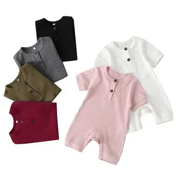 0-18M kortærmet Baby Sommer Tøj Nyfødte Spædbarn Baby Dreng Pige Bomuld Romper Strikket Ribbet Buksedragt Solidt Tøj Tøj