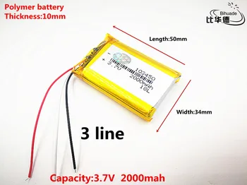 10stk/parti 3 linje Gode Qulity 3,7 V,2000mAH,103450 Polymer lithium-ion / Li-ion batteri til TOY,POWER BANK,GPS,mp3,mp4