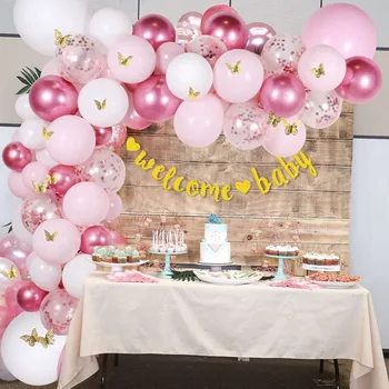 136pcs Pink Konfetti Ballon Guirlande-Happy Birthday Balloner Velkommen BABY Dekoration til barnedåb Pige Bryllup Part Indretning