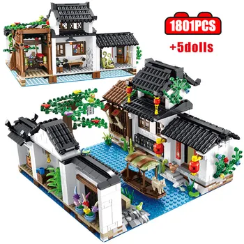 1801pcs Indtryk Kinesisk stil, byens Arkitektur Jiangnan Vand byhus Bygning, Blokke, Mursten legetøj for børn