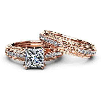 18k Rosa Guld med hvid Diamant Ringe Prinsesse Diamant for Kvinder anillos mujer bijoux femme bague ring smykker, Kvinder, par ring