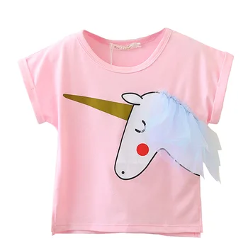 2018 Nye Casual Stil Tegnefilm Unicorn Pink T-shirt + Farve Garn Kjole 2 Stykke Kulør Pige Prinsesse Kjole