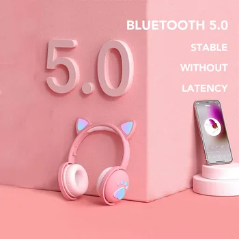 2020 Bluetooth Headset Kat Ear Hovedtelefoner Over Ear Hovedtelefoner Trådløst Headset Med Mic HIFI Stereo-Bas LED-Lys Pink til Piger