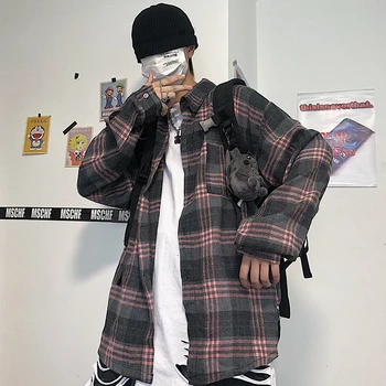 2020 Koreansk Stil Plaid Shirt Ulzzang Hip Hop Langærmet Tøj Kpop Mode Oversized Toppe Harajuku Herre Casual Skjorter Mandlige