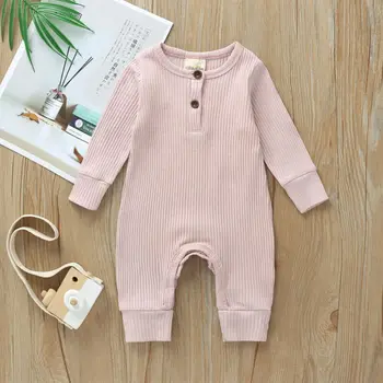 2020 Nye Efteråret Baby Tøj Nyfødte Spædbarn Baby Dreng Pige Bomuld Solid Romper Strikket Ribbet Buksedragt Varmt Tøj