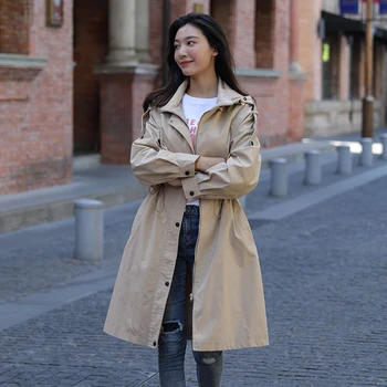 2020 Nye Mode Hætteklædte Skyttegrav Frakke Kvinder Casual Fast Justerbar Wasit Mellemlang Lang Grøft Outwear Kvindelige Kontor Dame