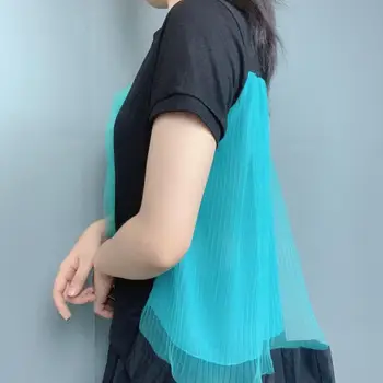 2020 Sommeren Koreansk-Stil Slankende Toppe-Design Paneler I Plisseret Mesh Patchwork Afslappet O-Hals Og Korte T-Shirt Til Kvinder
