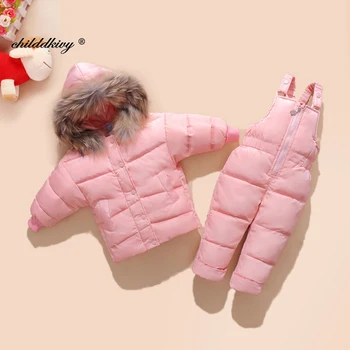 2020 Vinter 2 stk Sæt jumpsuit til børn og baby pige ned frakke varm pels krave børnetøj Spædbarn flyverdragt 0-3Years