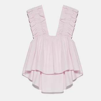 2020 Za Pink Ruffle Top with Pronounced Neckline Shirt Women Wide Straps Asymmetric Hem Summer Shirts Sexy Backless Short Blouse