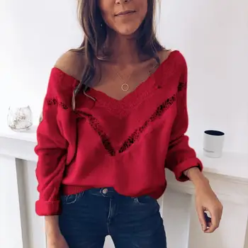 2021 Dame Toppe Og Bluser Fashion Vinter med Lange Ærmer V-Hals Lace Tops Slank Pullover, Løs Bluse Camisas Mujer Hot salg