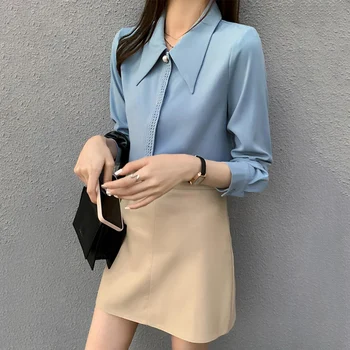2021 Foråret Kvinder Koreansk Tøj Blå Bluse Revers Langærmet Top Kvindelige Hule Ud Blonder Patchwork Elegante Mode Dame Shirts