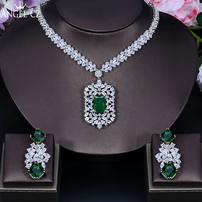 elegante prinsesse grønne cubic krystal square dingle øreringe halskæde fest kostume smykker sæt til kvinder aj197 Smykke Sæt & Mere \