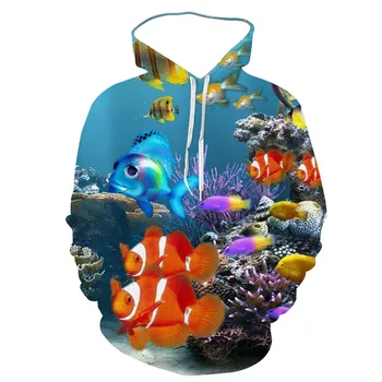 3D-Forår Og Efterår Nye Mænd ' s Marine Liv Print Hoodie Blå Ocean Fisk, Små, Friske Mode Tilpasses Forældre-barn-Sweatshirt