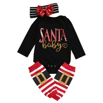 3PCS Søde Jul Spædbarn Baby Dreng Pige langærmet Jumpsuit Heldragt +Stribet benvarmere, Pandebånd Tøj