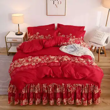 4stk/Set Bed Nederdel +2 Pudebetræk + Dynebetræk Polyester Ark til Bryllup Housewarming Gave med Elastik