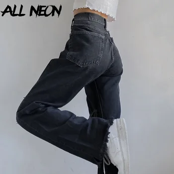 ALLNeon Y2K Æstetik Høj Talje slidte Jeans Vintage Hul Bred Ben Baggy Bukser 90'erne Mode, Denim E-pige Sorte Bukser Indie