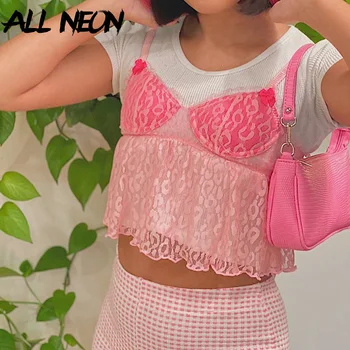 ALLNeon Y2K Æstetik Pink Mesh Cami Toppe E-pige Søde Flæser Print Spaghetti Strop i Vintage-Cropped Toppe V-hals Gennemsigtig