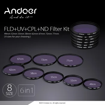 Andoer 52mm/55/58/62/67/72/77/49mm UV+CPL+FLD+ND(ND2 ND4, må ikke overstige ND8) Fotografering Filter Kit Sæt til Nikon, Canon, Sony, Pentax digitale spejlreflekskameraer