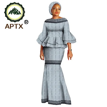 APTX 2-Stykker Nederdel, der Passer Afrikanske Udskrive Flare Ærmer Top+Ankel-Længde Nederdel Kvinder Casual Bomuld Passer med Headwrap A2026001