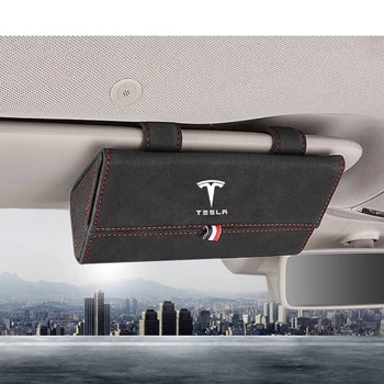 Bilens solskærm briller tilfælde Holder Klip Multifunktions Læder Organizer boks Til Tesla Model 3 S X Y Logo Bil Styling tilbehør