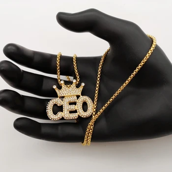 Bling Bling fuld rhinestones rustfrit stål CEO krone vedhæng halskæde hip-hop, rock danser Crown CEO smykker til ydeevne