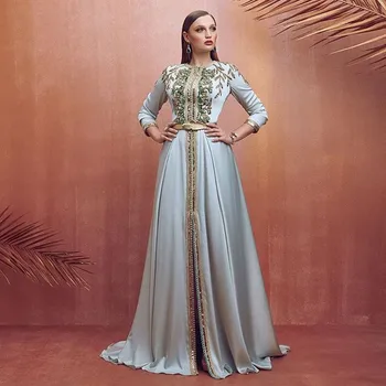 Blå Marokkanske Kaftan Aften Kjoler O-Hals Crystal Algeriet Arabisk Muslimske Særlige Lejlighed Kjoler Festkjoler