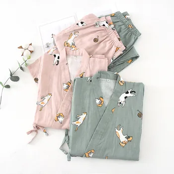 Bomulds-Gaze Spa Kat Print Kvinder Pyjamas Sæt Half Sleeve Kimono Cardigan Med Lange Bukser Absorberende Harajuku Kvinde Nattøj Sæt 2021