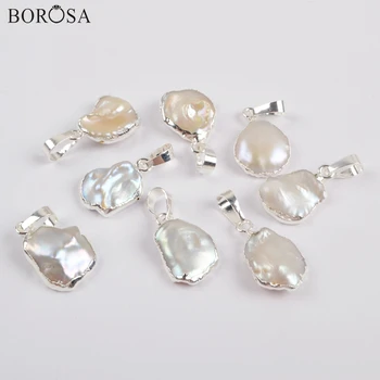 BOROSA 10/20Pcs Trendy Freeform Sølv Farve Naturlige Ferskvands Perle Vedhæng Hvide Perler Perler til Halskæde Smykker S1673