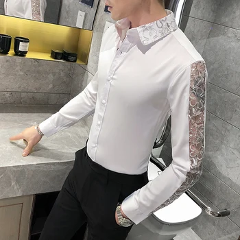 Britisk Stil Sexy Lace langærmet Shirt til Mænd Mode 2021 Streetwear Slim Fit Mænd Casual-Shirts Prom Night Club Tuxedo 4XL-M