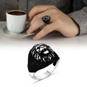 Brølende Løve Motiv Mini Black Stone Broderet 925 Sterling Sølv Mænds Mode Ring tyrkisk Premium Kvalitet Håndlavet Jawelery