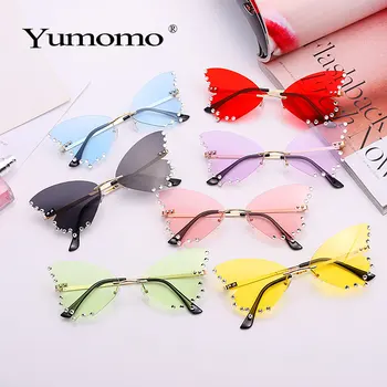Butterfly rammeløse rhinestone solbriller damer luksus brand designer mode overdimensionerede steampunk solbriller retro briller