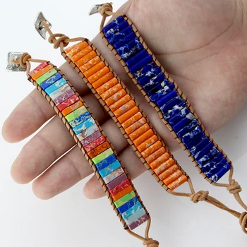 Chakra Smykker Håndlavet Multi Farve Natursten Tube Perler, Læder Wrap Armbånd Par Armbånd Kreative Gaver