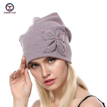 CHINGYUN 2019 ny Solid farve Vinter Varm Cashmere strik hat Dekorative blomster og imiteret perler af Høj Kvalitet Uld Kvindelige Hat