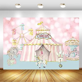 Cirkus Tema Fødselsdag Baggrund Pink Telt Elefant Bære Sea Lion Baggrund for Fotografering Fødselsdag Dekoration Banner