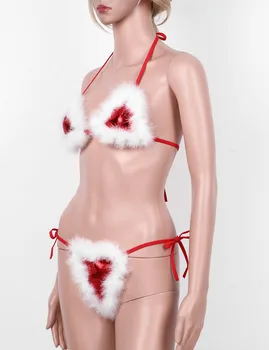 Dame Jul Kostumer Santa Bikini Erotisk Lingeri Sæt Hvide Fjer Trimmet Halterneck Hals Uafgjort-på Bh Top og G-streng Trusser