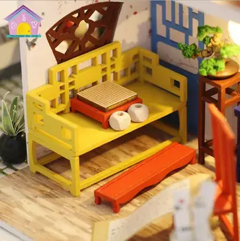DIY Dukkehus Kinesisk stil Miniature dukkehuse 3D sommerhus i Træ Møbler Samle Kits Legetøj med smudsomslag