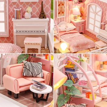 DIY-Pink Loft Træ Dukkehus Kit Samlet Miniature Møbler, Lys Prinsesse Casa Dukke Hus Legetøj til Børn Piger Gaver