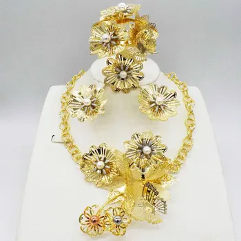 Dubai mode af høj kvalitet Afrikanske Guld Smykker Bryllup kvinder Halskæde Øreringe Armbånd Rejse Smykker Sæt