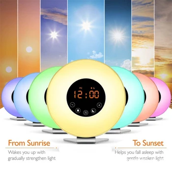 Dæmpbar LED Wake Up Light Vækkeur med 7 Farver Sunrise FM Radioer, Musik Humør Lys Digitale Udsæt Naturens Lyde Nat Lampe