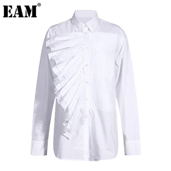 [EAM] Kvinder Hvid Plisseret Uregelmæssige Stor Størrelse Bluse Ny Stand Krave, Lange Ærmer Løs Skjorte Fashion Forår, Efterår 2021 1DA245