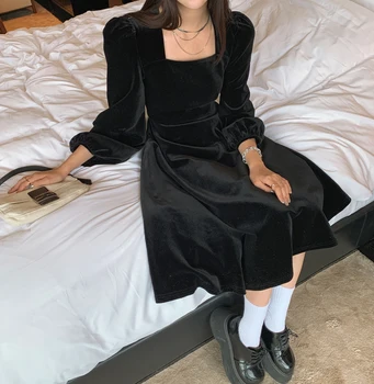 FINEWORDS Vinter Black Velvet og en Elegant Kjole koreanske Firkantet Krave Part Kjole Plus Size Lange Ærmer Midi Kjoler 2020 Ropa Mujer