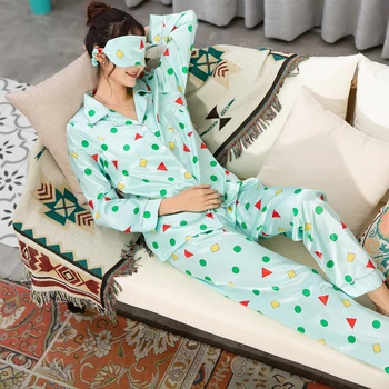 Foråret Efteråret 2019 WAVMIT Kvinder Silke Pyjamas Lang Top Sæt Kvindelige Pyjamas Sæt NightSuit Silke Nattøj Kvinder Fritid Outwear