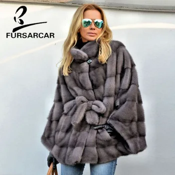 FURSARCAR Hele Smider Real Mink Fur Coat Kvinder Vinteren Flagermus Ærme Frakke Med Hætte Top Kvalitet Ny Stil Kvindelige Natur Mink Pels