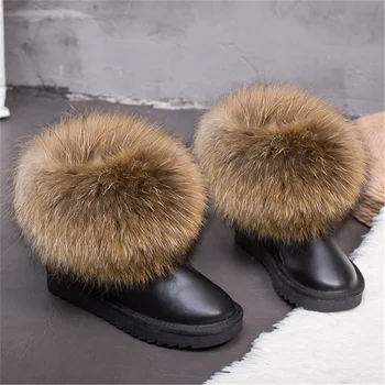 G&Zaco Kvinder er Vinter Støvler i Ægte Læder Naturlige Ægte Ræv Pels Sne Støvler, Korte Ankel Støvler Pels Støvler Kvindelige Flad Hæl Sko