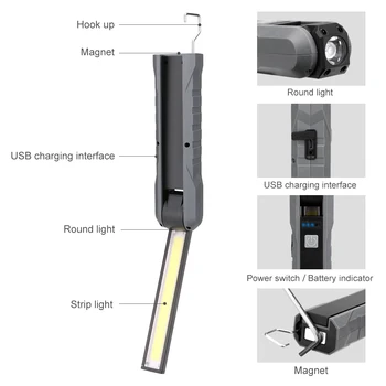 Genopladelige Bærbare COB LED Lommelygte Torch USB-LED-arbejdslampe Magnetiske COB Lanterna Hængende Krog Lampe Til Udendørs