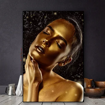 Golden Makeup Kvinder Lærred Malerier, Plakater og Print Nordisk Stil Væg Kunst, Billeder Skandinaviske Cuadros for Living Room Decor