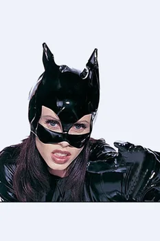 Gratis shipping Engros Sexet Lingeri Natklub Catwoman Sort PVC Kat Kvinder Læder Look Hoved Maske Halloween Kostume
