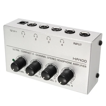 HA400 Amp Ultra-Kompakte 4-Kanals Hovedtelefon Forstærkere, Sølv Lyd Stereo Microamp Forstærker til 12V DC EU-Adapter Mayitr